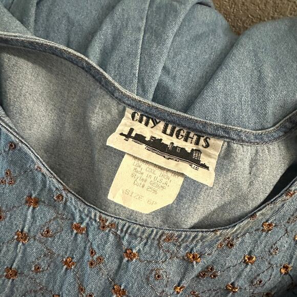 Vintage Embroidered Floral Chambray Midi Dress Blue Size 6P - Picture 3 of 5